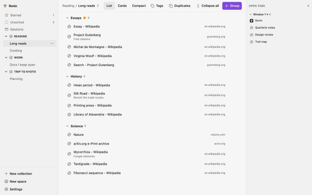 Ronin's new tab page: a sidebar of spaces on the left, and the Long reads collection with its groups of saved tabs on the right.